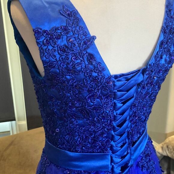 Women’s Blue Full Length Prom Party Dress with Small Train & Corset Back Size 6 - Picture 8 of 12